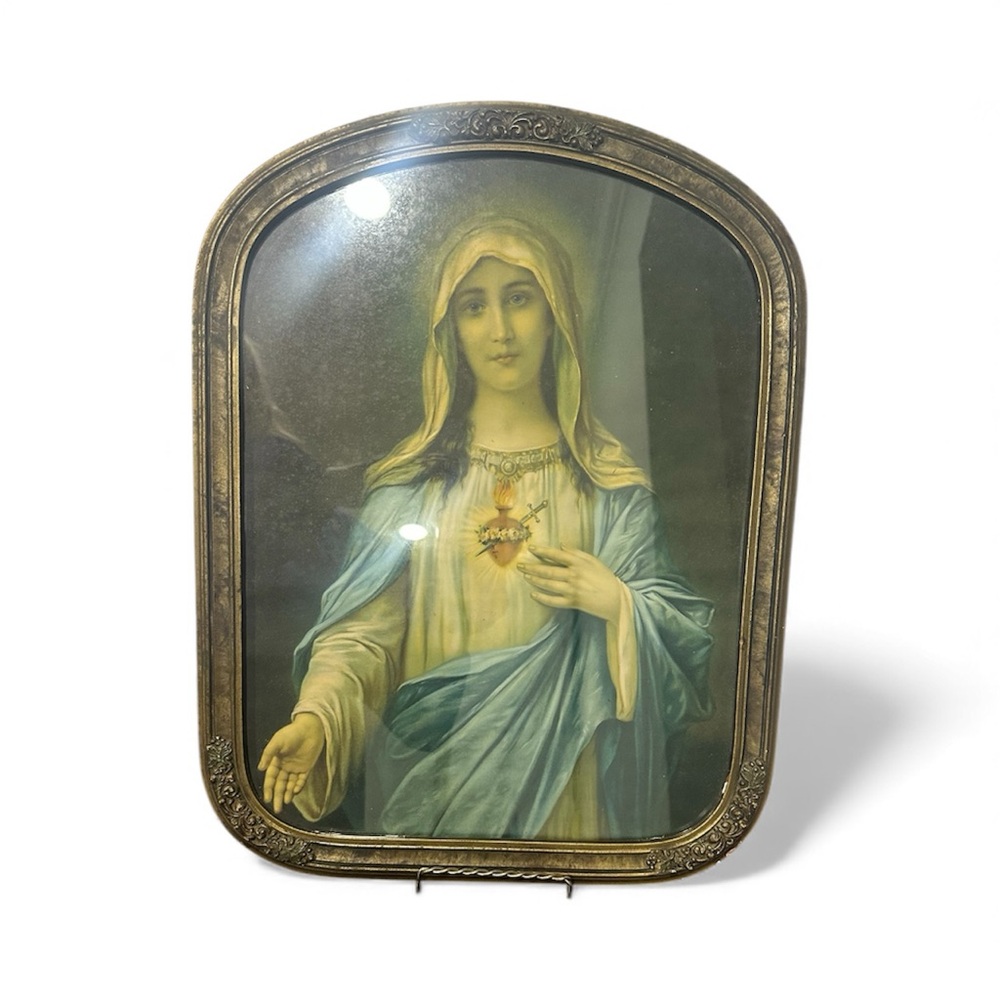 Vintage Virgin Mary Sacred Heart Print Under Glass. Rare Find.
